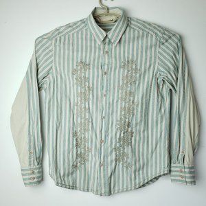 DKNY Striped Blue Tan Embroidered Button Down L